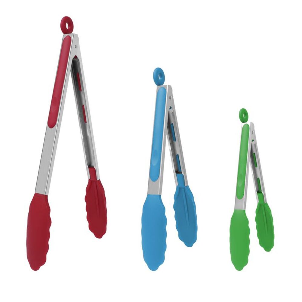 3pcs Stainless Steel Locking Tong Set - 7" & 9" & 12" Burgundy, Blue, Green